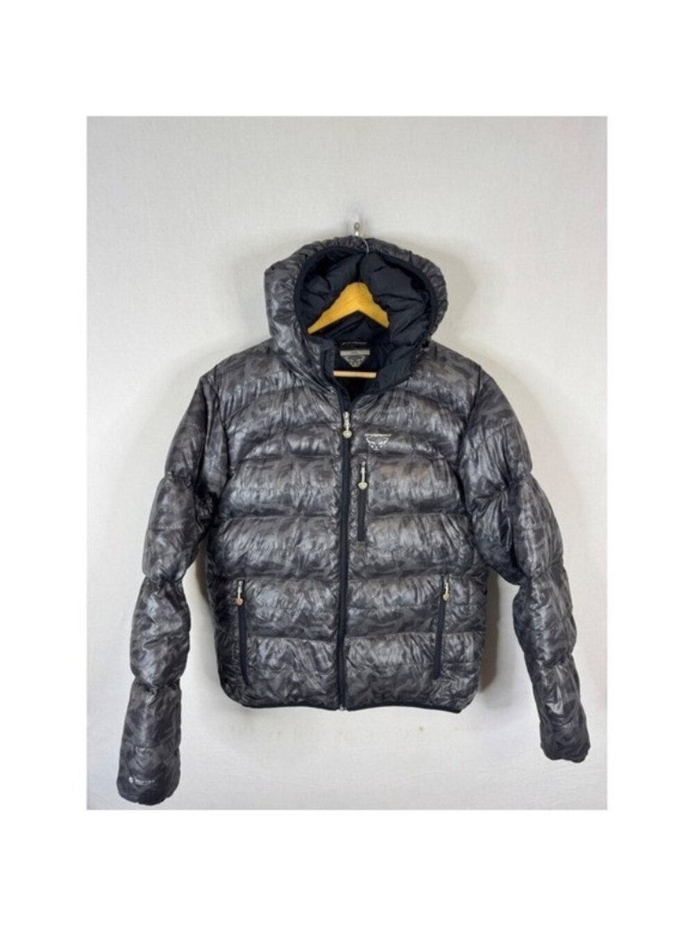 Dynafit Mens Pertex Microlight Hooded Puffer Jacket Grey Camo US L EU 2xl